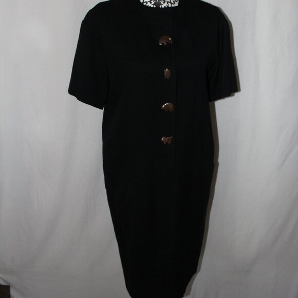 Evan-Picone Dress South Pacific BLACK Shell Animal Buttons Shift 8 VINTAGE - Picture 3 of 15